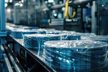 A conveyor belt filled with many blue discs