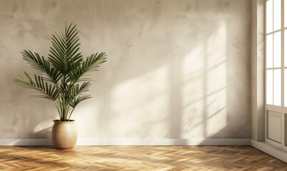 Empty Room Interior with a Plant in a White Pot on Wooden Floor. Touch of Nature in a Minimalist Space