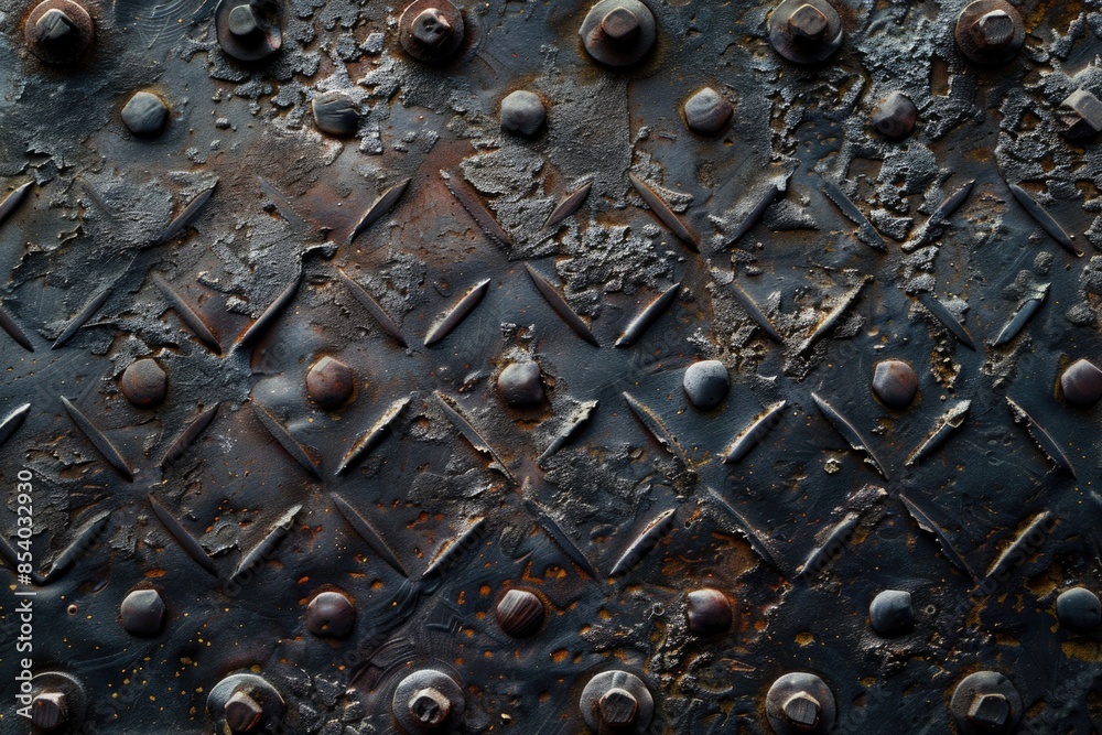 Poster a close-up view of a rusted metal surface with visible rivets and screws