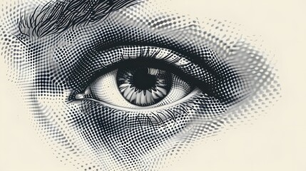 An abstract illustration of an eye rendered in halftone style, showing detailed textures and artistic shading.