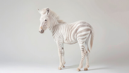 A rare albino zebra with striking white and pale stripes, standing gracefully in a minimalist studio setting, showcasing its unique and beautiful appearance.
