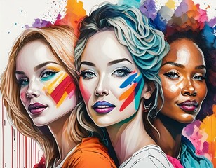Obraz premium Rostro de tres mujeres colorido, con flores y hojas en la cabeza, lineales, tipo graffiti, mural dibujado y pintado en muro, diversidad