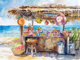 Fototapeta premium A cozy summer market stand showcasing eclectic beach souvenirs and travel keepsakes