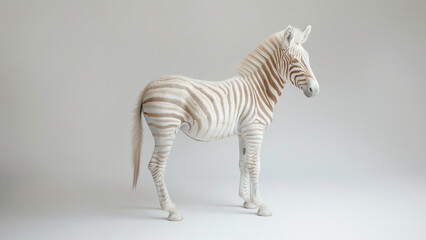 A rare albino zebra with striking white and pale stripes, standing gracefully in a minimalist studio setting, showcasing its unique and beautiful appearance.
