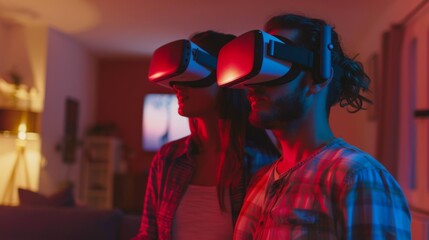 Fototapeta premium A young couple immersed in a virtual reality experience at home, wearing VR headsets and illuminated by red and blue lighting in a cozy living room