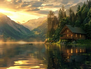 Fototapeta premium A photorealistic depiction of a serene lake house at sunset