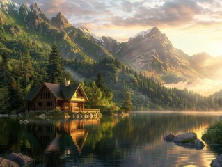 Fototapeta premium A photorealistic depiction of a serene lake house at sunset