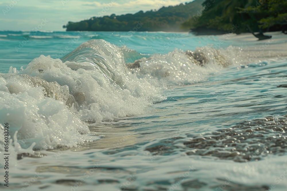 Poster a close-up view of a wave crashing on a sandy beach