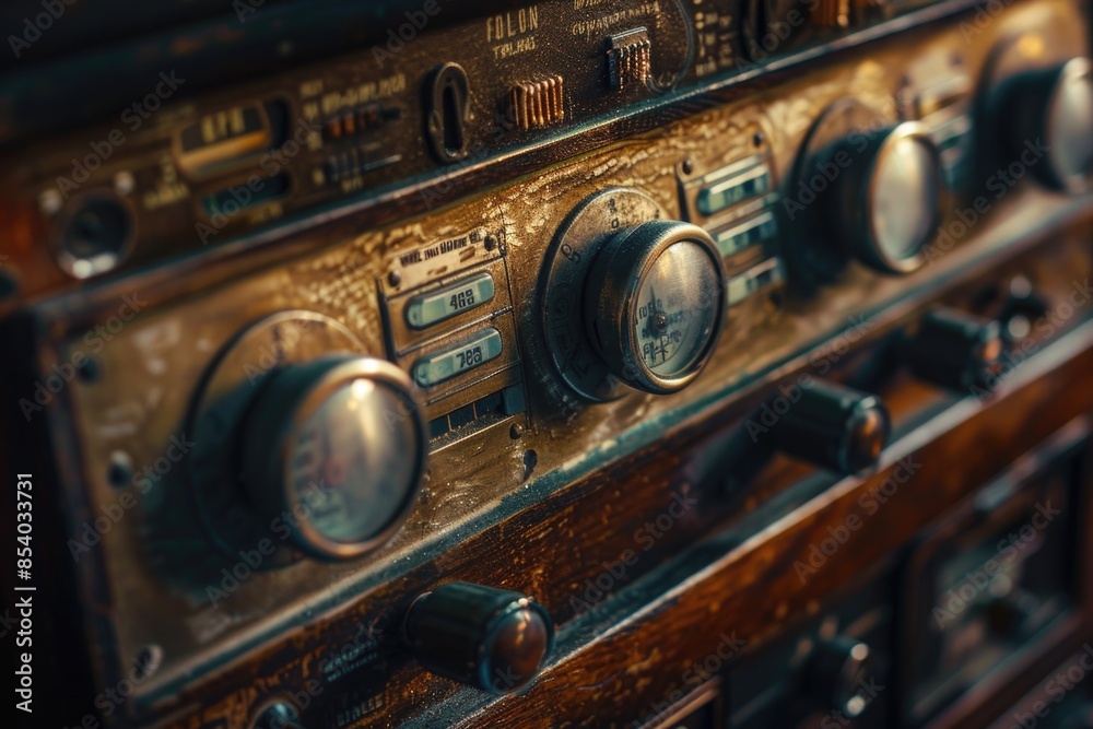 Poster a detailed view of an old fashioned radio with intricate details and nostalgic charm