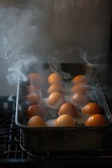 A pan filled with eggs sitting on top of a stove, ready to be cooked
