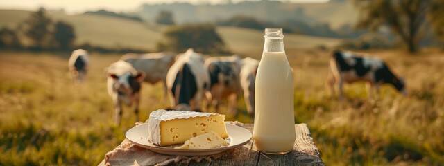 Fototapeta premium A bottle of milk on the table, next to a plate with a slice of cheese