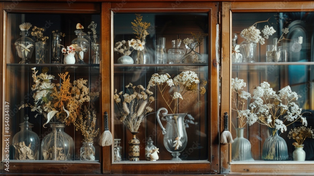 Poster a decorative display case filled with various vases and flowers, perfect for use in home decor or in