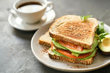 A plate with a sandwich and a cup of coffee