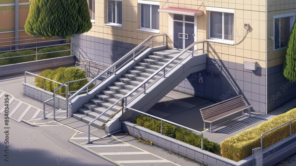 Poster a modern building with stairs leading up to the entrance, featuring a bench for seating