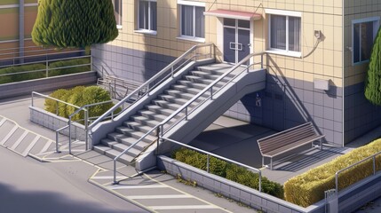 Fototapeta premium A modern building with stairs leading up to the entrance, featuring a bench for seating