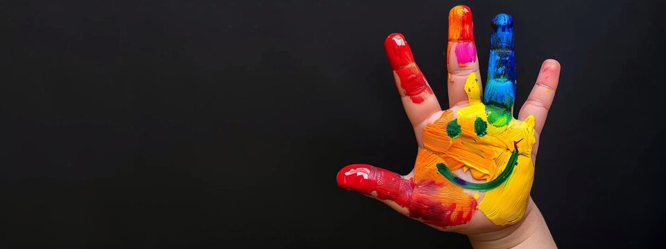  A smiling child's hand, smeared with multicolored paint Palms sport a cheerful drawling of a smiley face