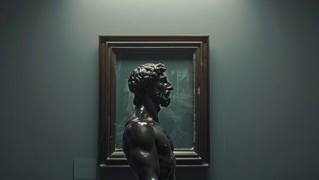 A bronze relief sculpture of a pensive figure set against a detailed and textured background.
