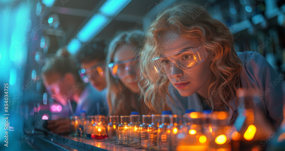 Poster a group of young scientists wearing lab coats and safety goggles intently observe samples in a labor