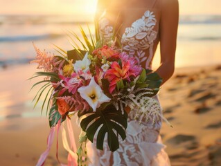 Close-up shot of an elegant summer beach wedding, the bride holding a bouquet of tropical flowers, soft ocean waves in the background, photorealistic detail, warm and golden light