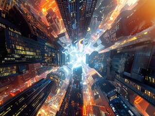 Obraz premium Dynamic city tour from a tilted angle view, skyscrapers, streets bustling with life, vibrant city lights, urban adventure, CG 3D rendering with detailed textures