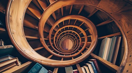 Books arranged in a creative spiral pattern on a table