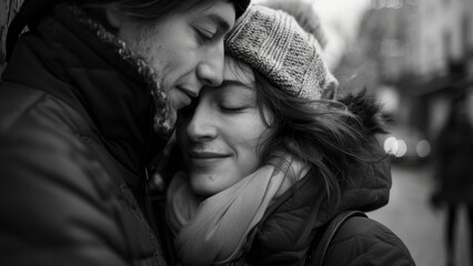 A smiling couple embracing in winter, their faces close together in a tender moment.
