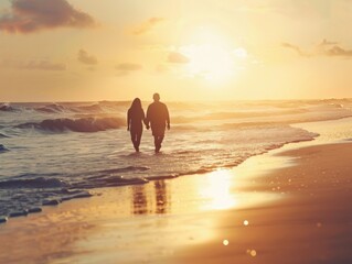 Long shot of a loving couple walking hand-in-hand at sunset on a pristine beach