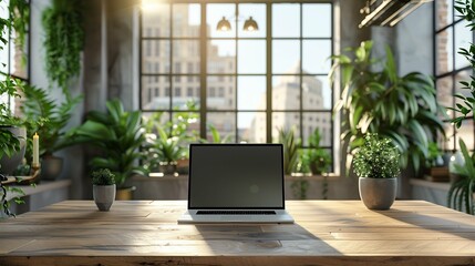 Fototapeta premium Front View of Blank black laptop Screen on Office Desk with Coffee Cup and Plants, Cityscape Visible Through Large Window in Background, Highlighting Modern Workspace Setup