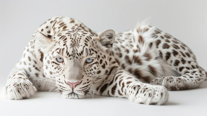 A rare albino leopard with striking white and pale spots, prowling gracefully in a minimalist studio setting, showcasing its unique and beautiful appearance.
