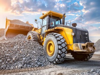 Heavy Duty Wheel Loader in Action Moving Gravel on Construction Site.