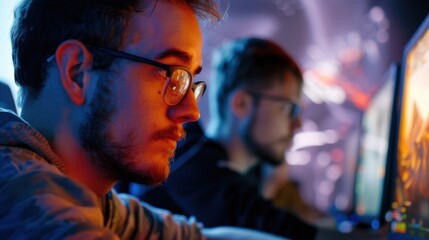 Fototapeta premium Gamer Focused on Screen in Dark Room 