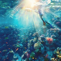 Fototapeta premium Photorealistic rear view of a person scuba diving in crystal-clear turquoise waters