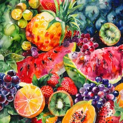 Sumptuous rear view of summer fruits like juicy watermelon, ripe berries, and exotic tropical fruits, in the style of a vivid watercolor painting, bursting with bright, rich colors