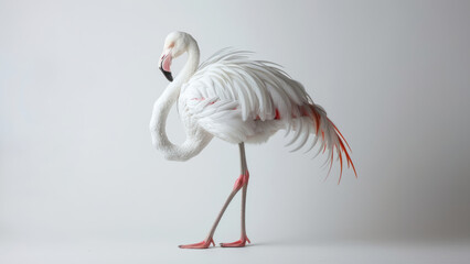 A rare albino flamingo with striking white and pale feathers, standing elegantly in a minimalist studio setting, showcasing its unique and beautiful appearance.
