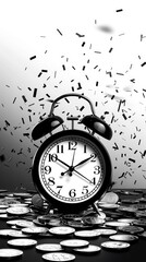 Black and white image of an alarm clock surrounded by coins with confetti falling, signifying time and financial success.