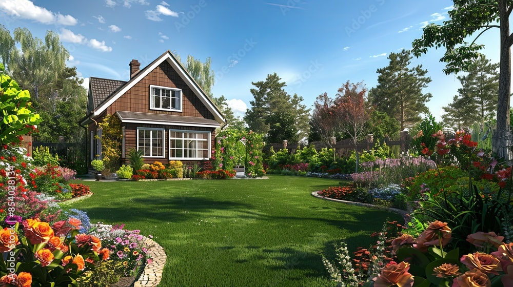 Aufkleber a charming garden blooms with colorful flowers as a quaint house stands in the background, creating 