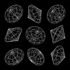 Wireframe lined shapes. Perspective mesh, 3d grid. Low poly geometric elements. Retro futuristic design elements, y2k, vaporwave and synthwave style. Vector illustration