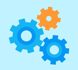 Vector graphics of three gears. One cog is orange and two are in different shades of color. Graphics in a flat style.