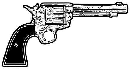 Colt Peacemaker revolver pistol Single Action Army sketch engraving PNG illustration. T-shirt apparel print design. Scratch board imitation. Black and white hand drawn image.