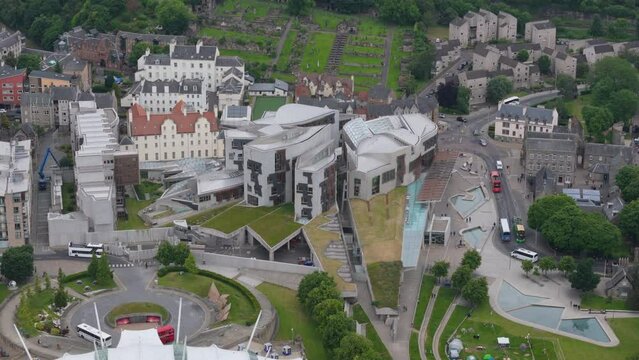 Aerial view of the Scottish Parliament building by architect Enric Miralles in Edinburgh