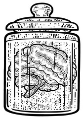 human brain in jar of formalin sketch engraving PNG illustration. T-shirt apparel print design. Scratch board imitation. Black and white hand drawn image.