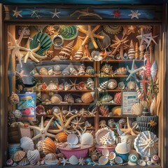 Wide-angle view of a sunlit beach shop window filled with colorful seashells