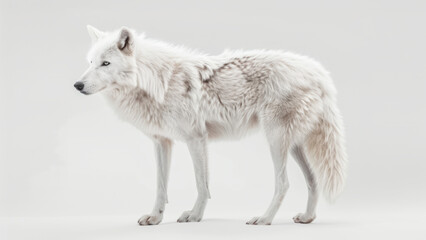 Naklejka premium A rare albino wolf with striking white and pale fur, standing proudly in a minimalist studio setting, showcasing its unique and beautiful appearance. 