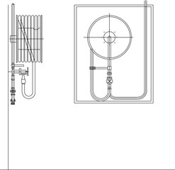 Vector silhouette illustration sketch of detailed design of fire hose reel with hose tap for fire safety