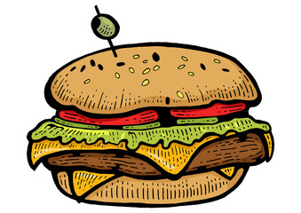 Hamburger burger sandwich color sketch engraving PNG illustration. Scratch board style imitation. Black and white hand drawn image.