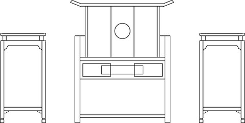 Vector silhouette illustration sketch of detailed design of old classic vintage ethnic traditional cultural living room table chair furniture