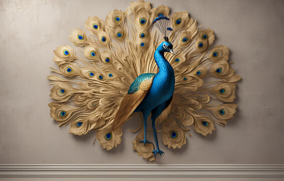A peacock with colorful feathers, 3D Gold 2 pecock With Gold Flowers And Ornaments Wallpaper 3d illustration Design.
