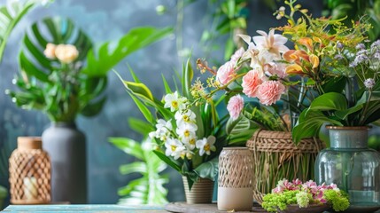 Naklejka premium A close-up photo of a colorful flower arrangement with orchids, carnations, and other blooms in vases on a wooden table, with a blurred green plant and blue wall background.
