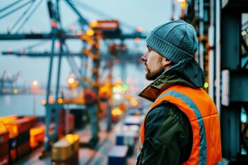 Dock Worker in High-Visibility Vest Overseeing Container Operations at Busy Port Terminal during Early Morning