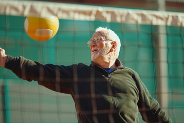 Senior Man Playing Volleyball Outdoors - Active Lifestyle and Sports